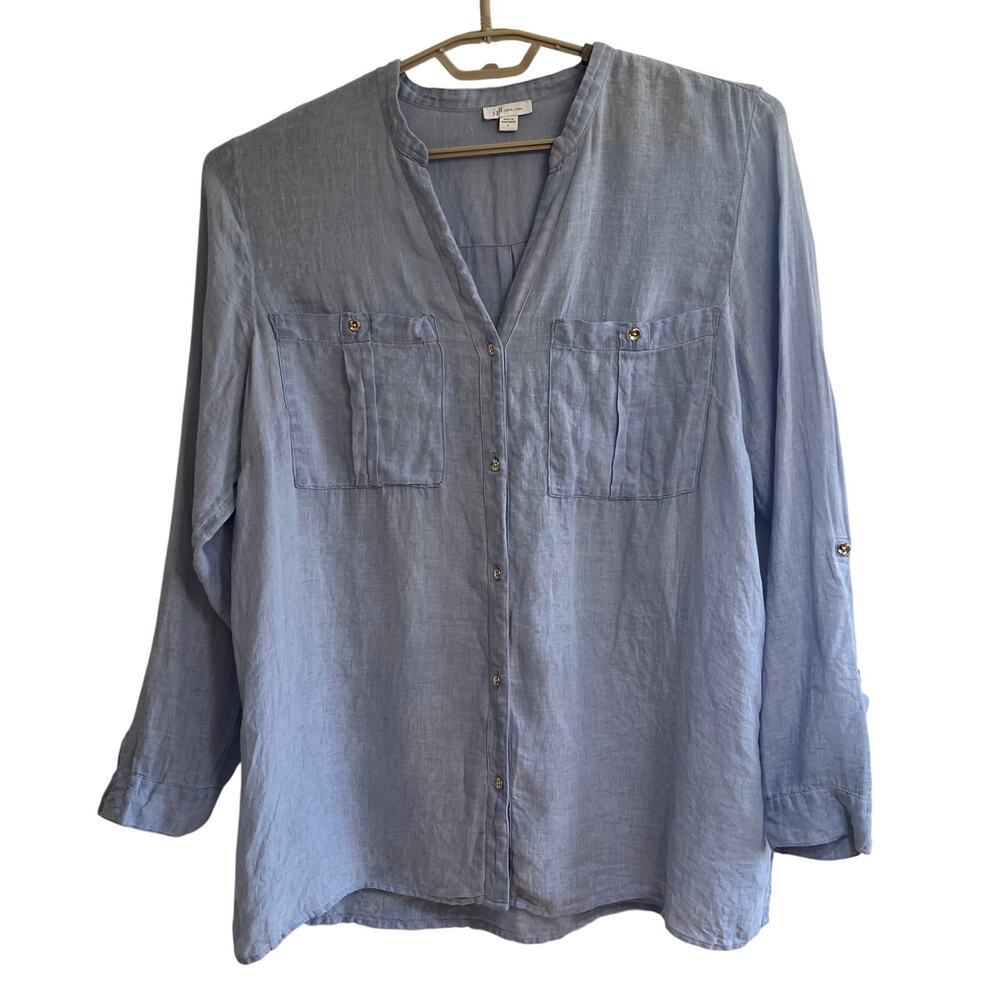 J.Jill Love Linen Blue 100% Linen Button Front Tunic Shirt | Large